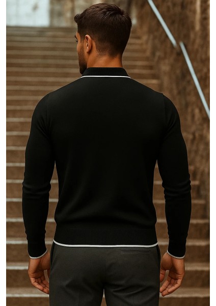 Erkek Trend Fermuarlı Uzun Kollu Siyah Polo Yaka Kazak