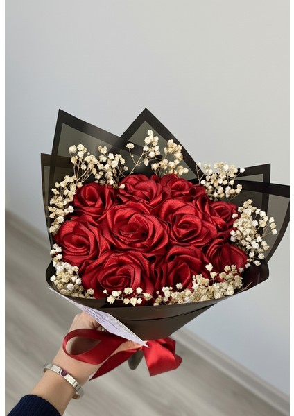 10'lu Kırmızı Cipsolu Solmayan Gül Buketi, Sevgiliye Hediye, Saten Kurdele Çiçek