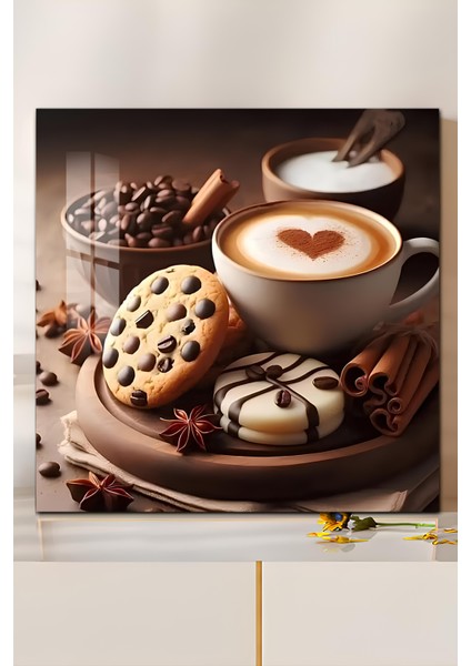 3D Görünümlü Kahve & Kurabiye Temalı Temperli Cam Kare Tablo 33X33 cm Uv BASKI-CTK046