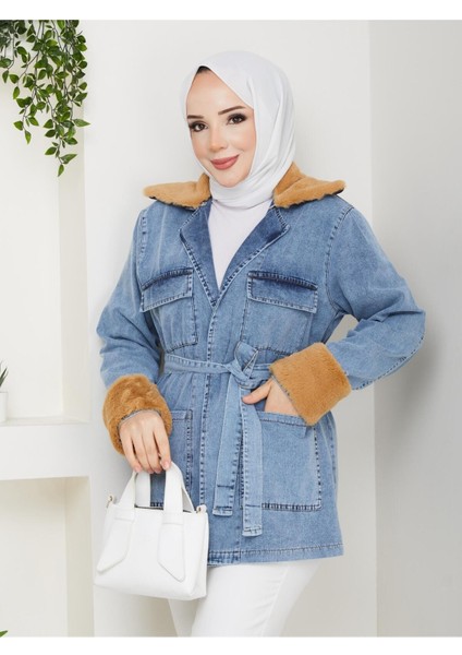 Kadın Kürk Detaylı Kuşaklı Cepli Kot Ceket -PMK489