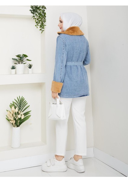 Kadın Kürk Detaylı Kuşaklı Cepli Kot Ceket -PMK489 fiyatları