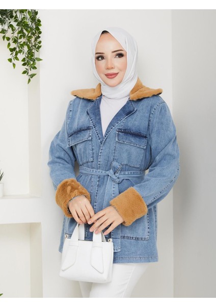 Kadın Kürk Detaylı Kuşaklı Cepli Kot Ceket -PMK489 modelleri