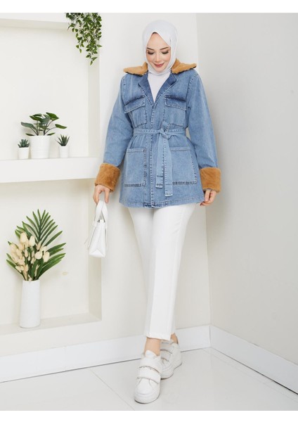 Kadın Kürk Detaylı Kuşaklı Cepli Kot Ceket -PMK489 fırsatları