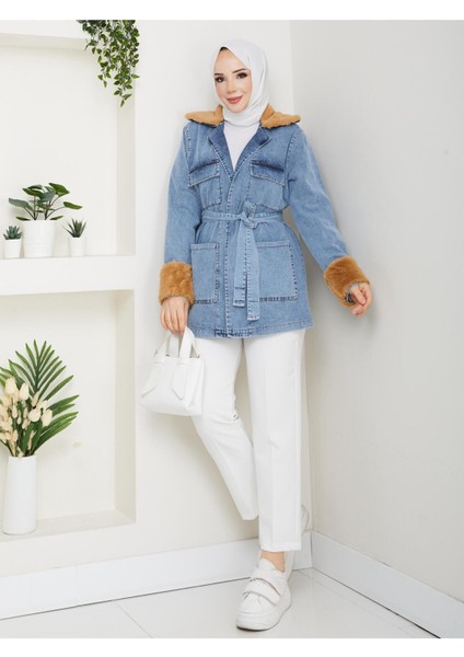 Kadın Kürk Detaylı Kuşaklı Cepli Kot Ceket -PMK489 indirimleri