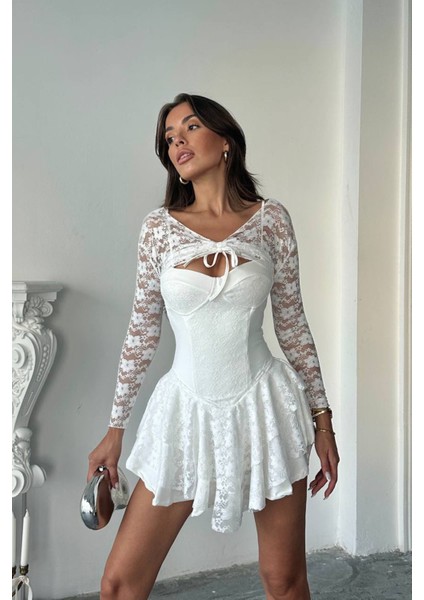 Kadın Bolero Detaylı Güpür Prenses Elbise NBDF107