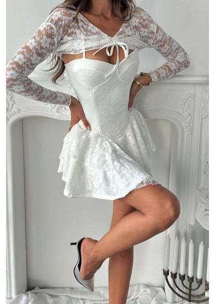 Kadın Bolero Detaylı Güpür Prenses Elbise NBDF107 fiyatları