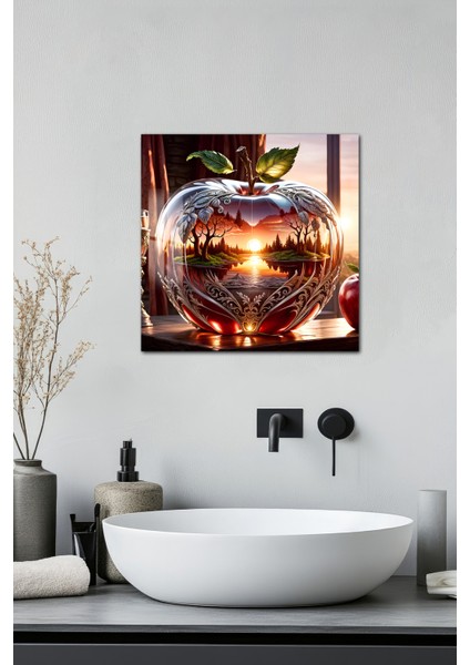 3D Görünümlü Kristal Elma ve Gün Batımı Manzaralı Temperli Cam Kare Tablo 33X33 cm Uv BASKI-CTK008