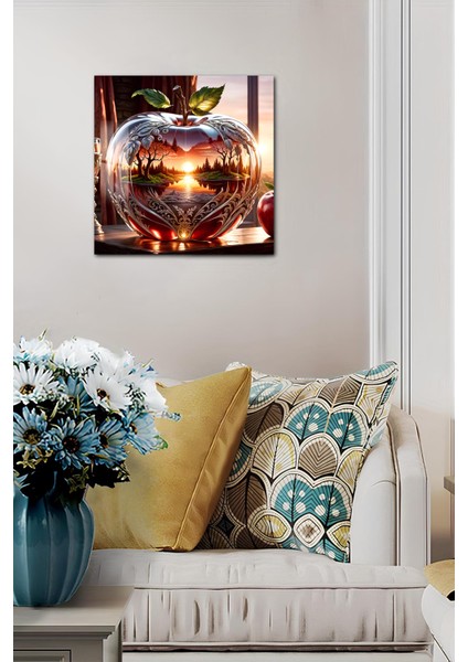 3D Görünümlü Kristal Elma ve Gün Batımı Manzaralı Temperli Cam Kare Tablo 33X33 cm Uv BASKI-CTK008 fiyatları