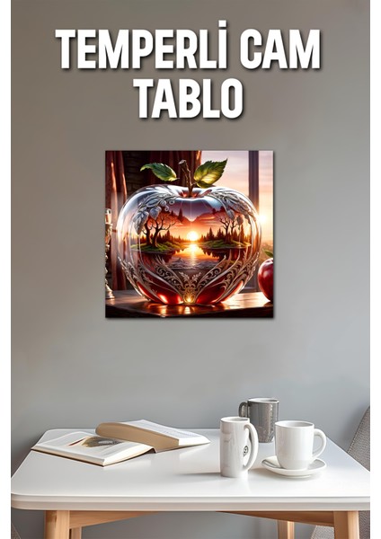 3D Görünümlü Kristal Elma ve Gün Batımı Manzaralı Temperli Cam Kare Tablo 33X33 cm Uv BASKI-CTK008 modelleri