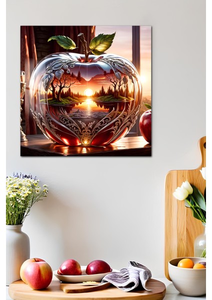 3D Görünümlü Kristal Elma ve Gün Batımı Manzaralı Temperli Cam Kare Tablo 33X33 cm Uv BASKI-CTK008 indirimleri