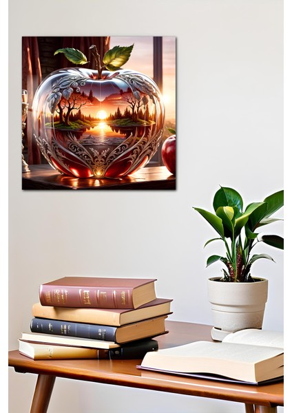 3D Görünümlü Kristal Elma ve Gün Batımı Manzaralı Temperli Cam Kare Tablo 33X33 cm Uv BASKI-CTK008