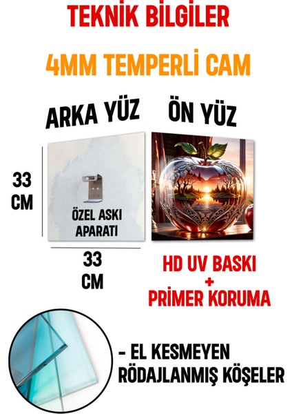 3D Görünümlü Kristal Elma ve Gün Batımı Manzaralı Temperli Cam Kare Tablo 33X33 cm Uv BASKI-CTK008
