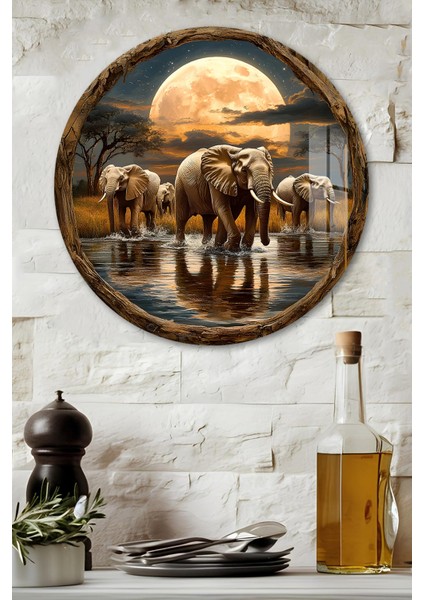 3D Görünümlü Fil ve Ay Manzarası Temperli Cam Tablo – Duvar Süsü Uv Baskı 33X33 CM-CDS096