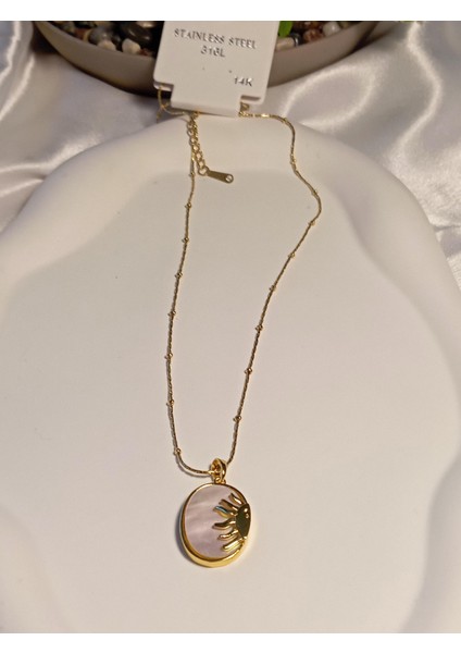 Oval Çelik Sedefli Güneş Kolye