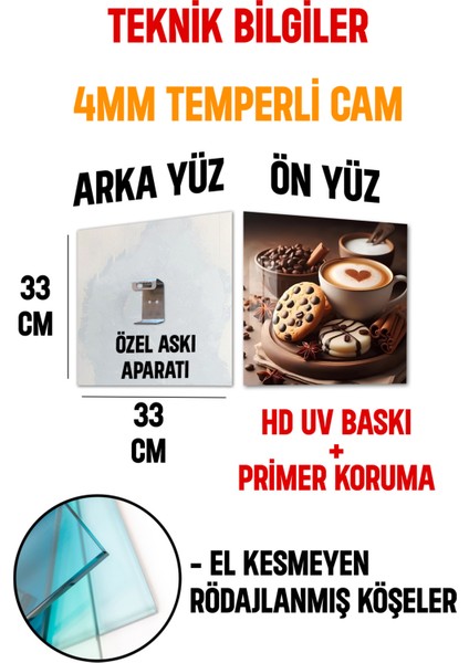 3D Görünümlü Kahve & Kurabiye Temalı Temperli Cam Kare Tablo 33X33 cm Uv BASKI-CTK046