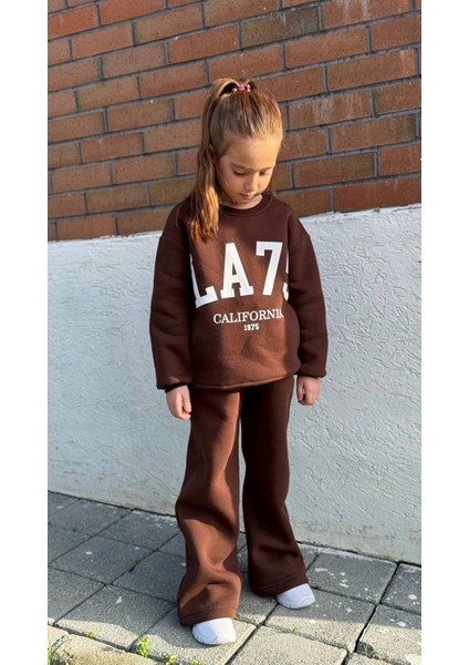 Kız Çocuk Baskılı Bol Paça Şardonlu Alt Üst Takım Kahverengi - 9-10 Yaş fırsatları
