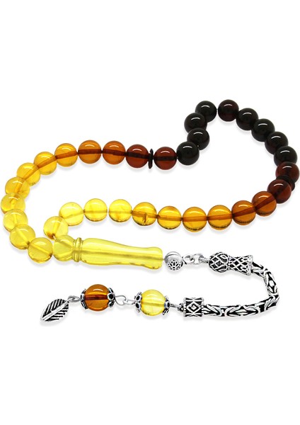 Damla Kehribar Tesbih - 925 Ayar Gümüş Kral - Süzme Sarı Kırmızı Renk - Bilek Boy - Küre Kesim