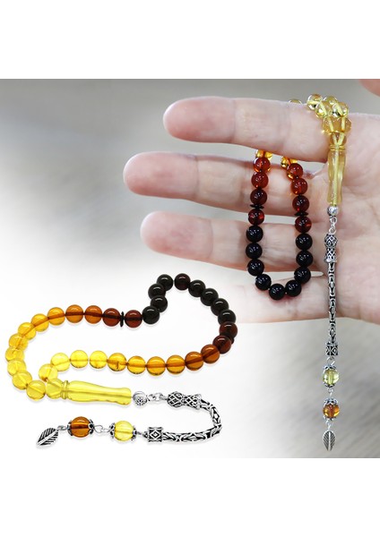 Damla Kehribar Tesbih - 925 Ayar Gümüş Kral - Süzme Sarı Kırmızı Renk - Bilek Boy - Küre Kesim fiyatları