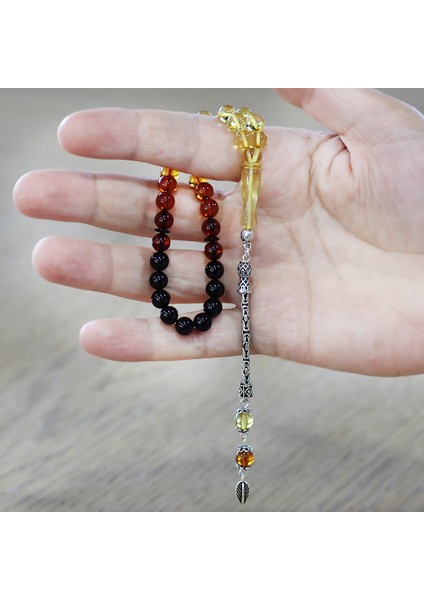 Damla Kehribar Tesbih - 925 Ayar Gümüş Kral - Süzme Sarı Kırmızı Renk - Bilek Boy - Küre Kesim modelleri