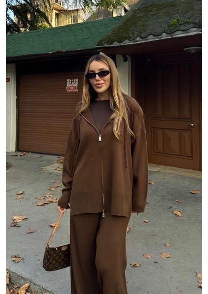 Kahverengi Fermuarlı Kapüşonlu Triko Takım - 0511 fiyatları