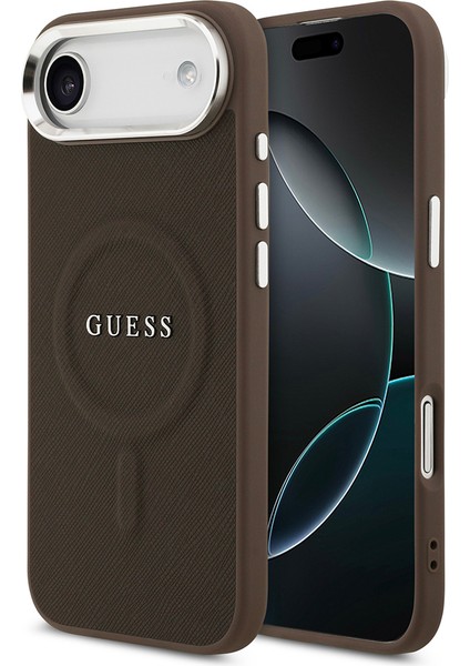 iPhone 17 Air Uyumlu Kılıf Guess Lisanslı M-Safeli Klasik Yazı Logolu Pu Deri Kapak Kahverengi