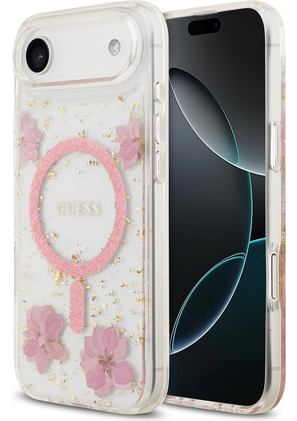 iPhone 17 Air Uyumlu Kılıf Guess Lisanslı M-Safe Şarj Özellikli Transparan Resin Flowers Kapak Pembe