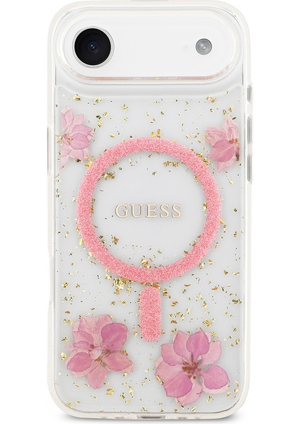 iPhone 17 Air Uyumlu Kılıf Guess Lisanslı M-Safe Şarj Özellikli Transparan Resin Flowers Kapak Pembe modelleri