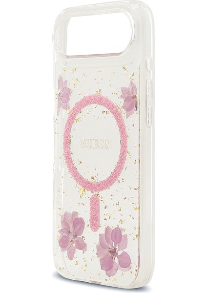 iPhone 17 Air Uyumlu Kılıf Guess Lisanslı M-Safe Şarj Özellikli Transparan Resin Flowers Kapak Pembe
