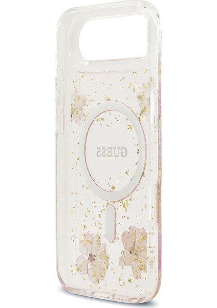 iPhone 17 Air Uyumlu Kılıf Guess Lisanslı M-Safe Şarj Özellikli Transparan Resin Flowers Kapak Pembe