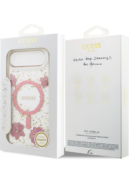 iPhone 17 Air Uyumlu Kılıf Guess Lisanslı M-Safe Şarj Özellikli Transparan Resin Flowers Kapak Pembe