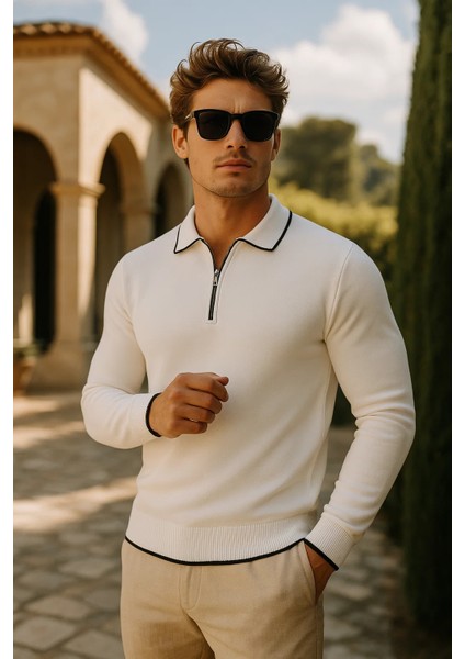 Erkek Günlük Fermuarlı Beyaz Uzun Kollu Polo Yaka Triko