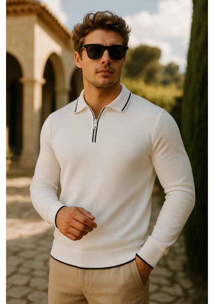 Erkek Günlük Fermuarlı Beyaz Uzun Kollu Polo Yaka Triko fiyatları