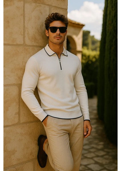 Erkek Günlük Fermuarlı Beyaz Uzun Kollu Polo Yaka Triko modelleri