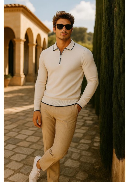 Erkek Günlük Fermuarlı Beyaz Uzun Kollu Polo Yaka Triko fırsatları