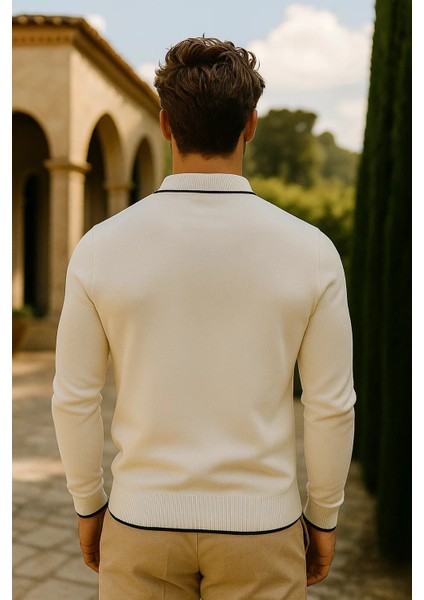 Erkek Günlük Fermuarlı Beyaz Uzun Kollu Polo Yaka Triko indirimleri