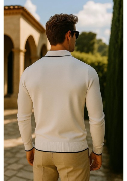 Erkek Günlük Fermuarlı Beyaz Uzun Kollu Polo Yaka Triko