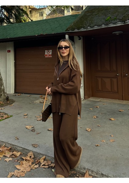 Kahverengi Fermuarlı Kapüşonlu Triko Takım - 0511 modelleri