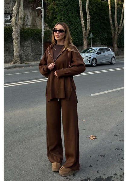 Kahverengi Fermuarlı Kapüşonlu Triko Takım - 0511 fırsatları