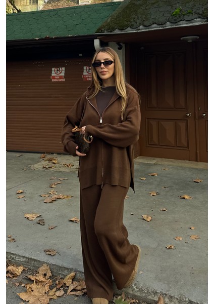 Kahverengi Fermuarlı Kapüşonlu Triko Takım - 0511 indirimleri
