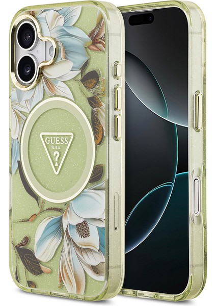 iPhone 17 Kılıf Guess Lisanslı M-Safeli Simli Çiçek Desen Metal Kamera Çerçeveli Üçgen Logolu Yeşil