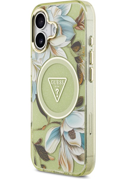 iPhone 17 Kılıf Guess Lisanslı M-Safeli Simli Çiçek Desen Metal Kamera Çerçeveli Üçgen Logolu Yeşil fiyatları