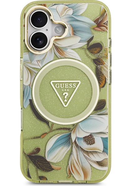 iPhone 17 Kılıf Guess Lisanslı M-Safeli Simli Çiçek Desen Metal Kamera Çerçeveli Üçgen Logolu Yeşil modelleri