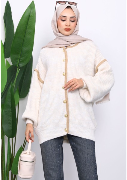 Krem Balon Kol Düğmeli Triko Hırka