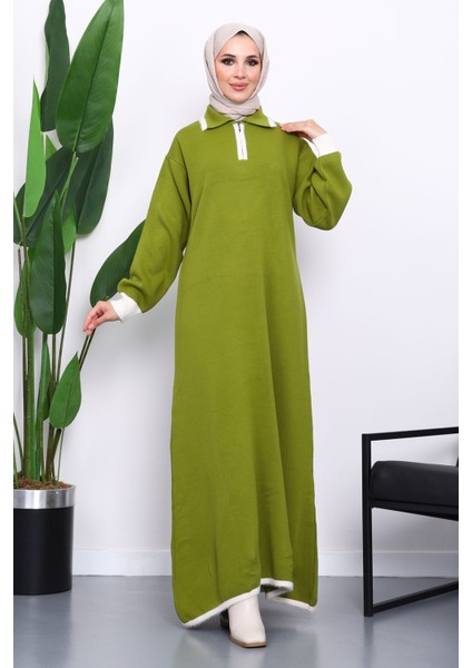 Yeşil Gömlek Yaka Fermuarlı Triko Elbise