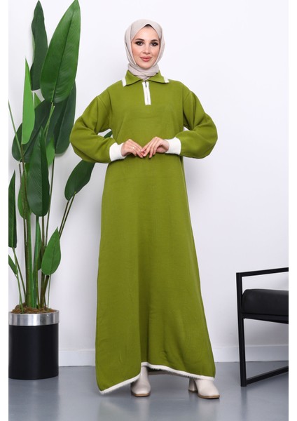 Yeşil Gömlek Yaka Fermuarlı Triko Elbise fiyatları