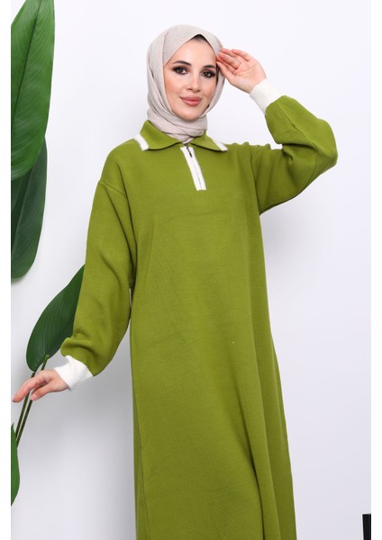 Yeşil Gömlek Yaka Fermuarlı Triko Elbise modelleri
