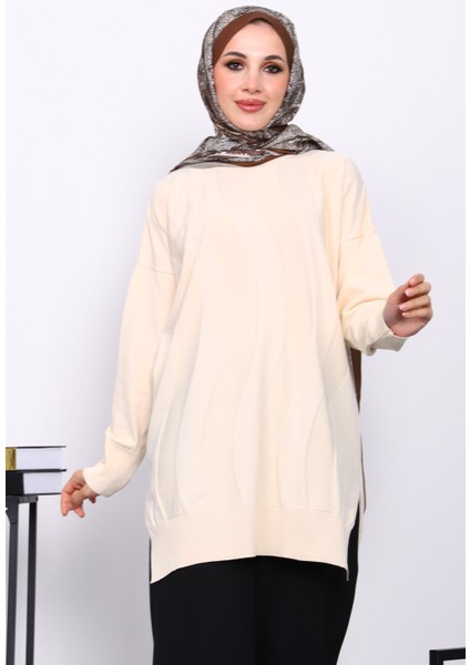 Krem Bisiklet Yaka Soğuk İplik Triko Tunik