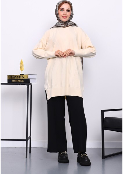 Krem Bisiklet Yaka Soğuk İplik Triko Tunik fiyatları