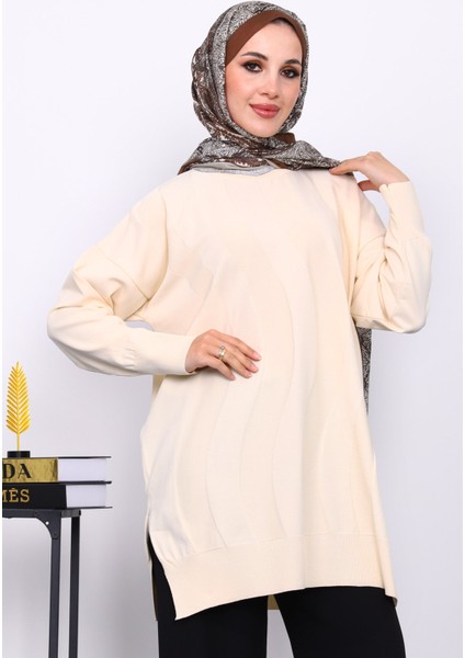 Krem Bisiklet Yaka Soğuk İplik Triko Tunik modelleri