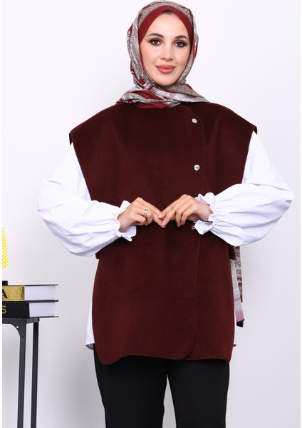 Bordo Çıtçıt Detaylı Kaşe Yelek